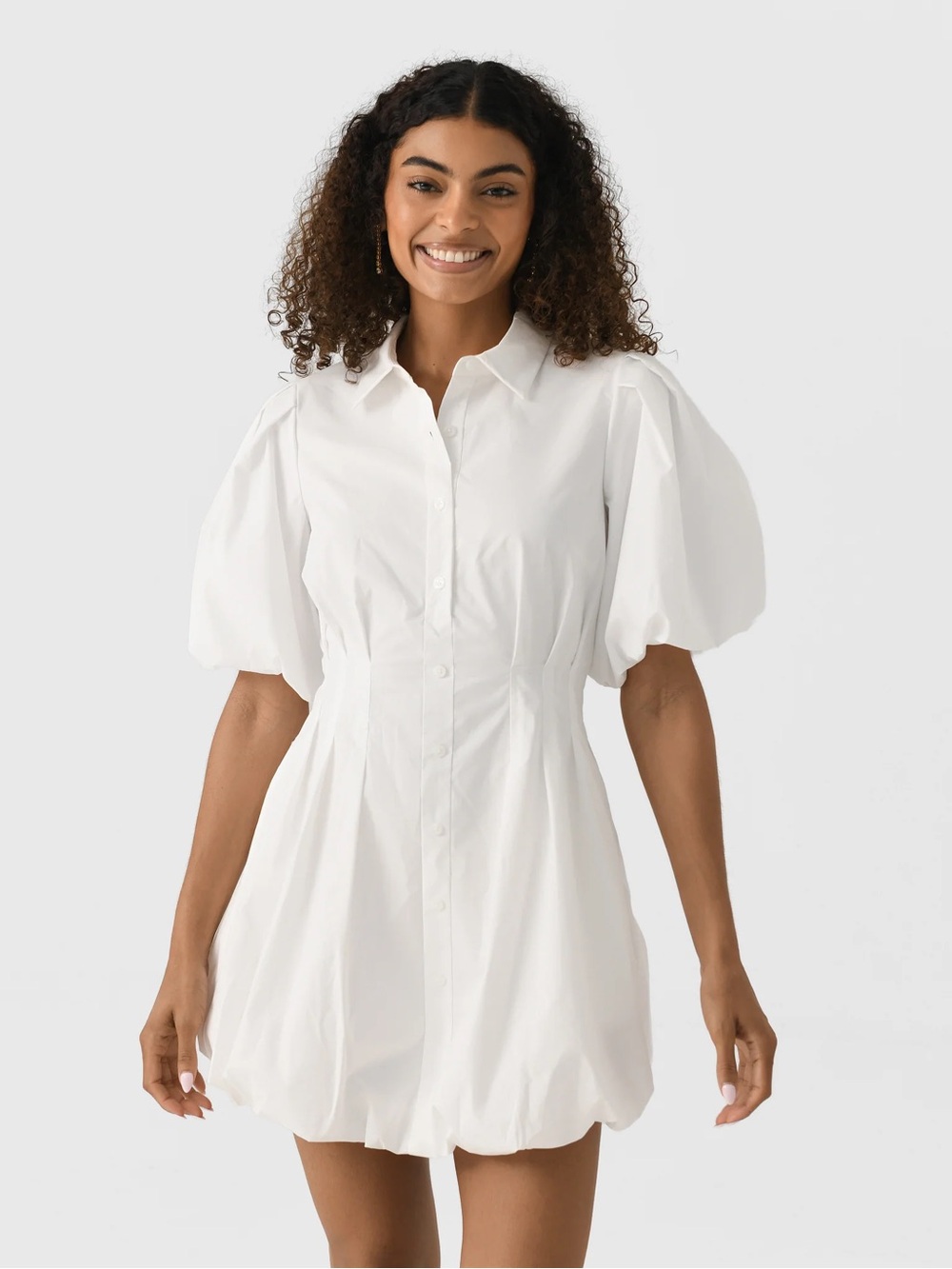 White Puff-Sleeve Shirt Dress